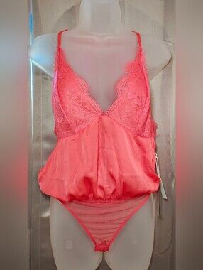✨ NWT Melograno Rico Pink Coral Satin & Lace Thong Lingerie Teddy 🧸 Bodysuit  ✨